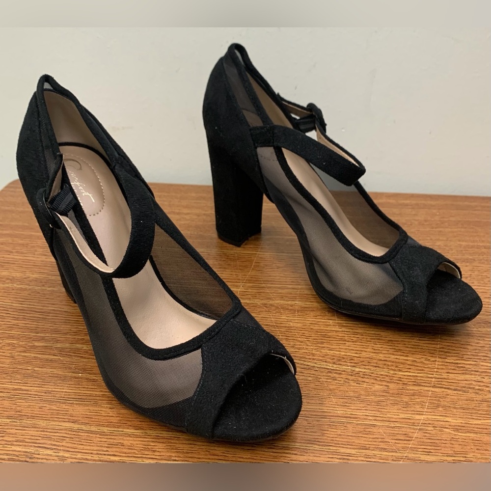 Comfort Est 1946 Black Mesh & Velvet Peep Toe Stack Block Heel MaryJanes Size 10